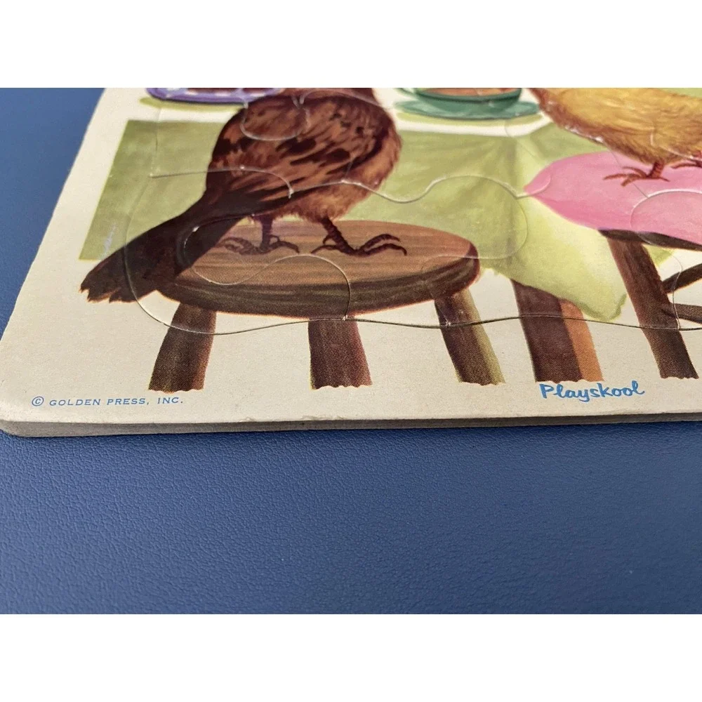VTG Playskool Golden Press Animals at Table Cardboard Frame Tray Puzzle 80-9A